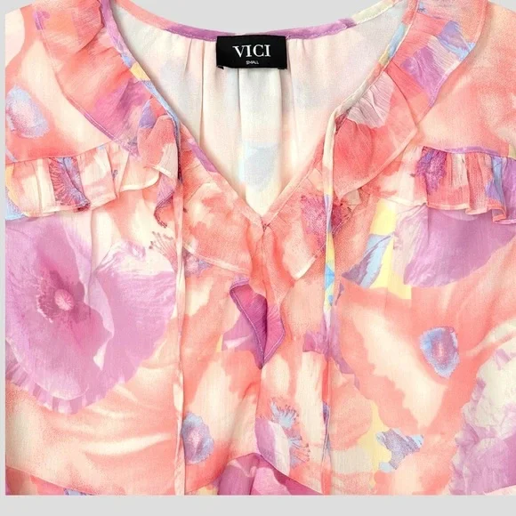 VICI Womens S Sheer Fairy Oversized Ruffle Blouse Whimsical Romantic Blush - Picture 3 of 9